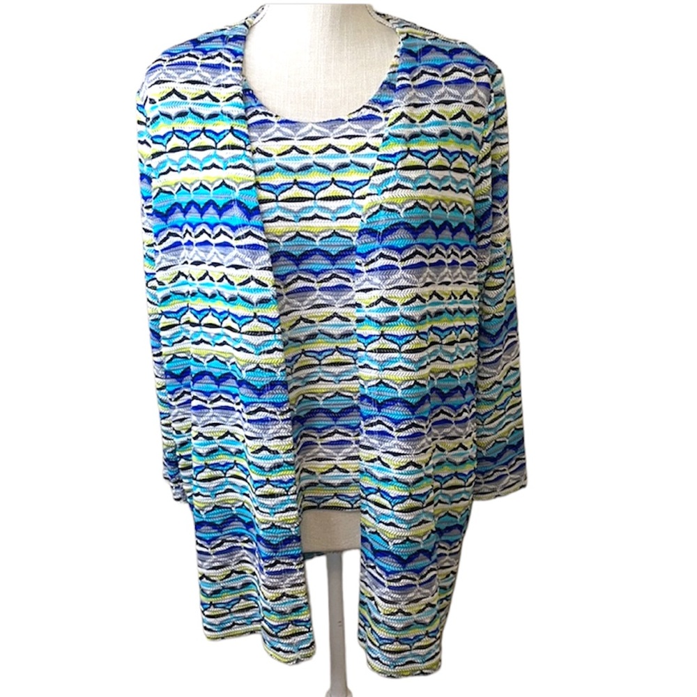 Allison Daley Petites 2 Piece Cardigan and Tank Top- Blue, White, Green, Black